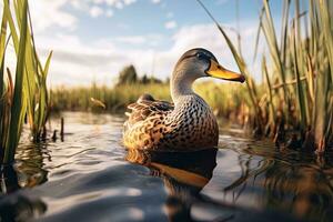 retrato do uma pato-real Pato natação dentro uma rio ai generativo foto