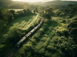 a aéreo Visão do uma trem passagem através uma exuberante campo generativo ai foto
