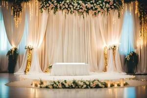 Casamento cerimônia com flores e velas. gerado por IA foto