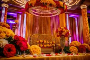 uma Casamento recepção com amarelo e vermelho flores gerado por IA foto