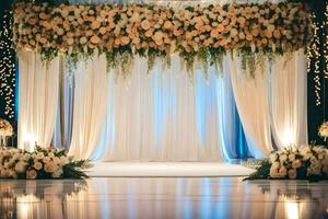 uma Casamento cerimônia com flores e luzes. gerado por IA foto