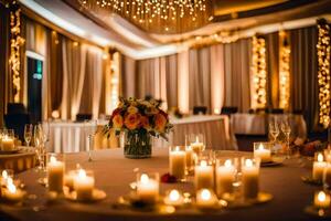 uma Casamento recepção mesa com velas e flores gerado por IA foto