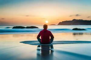 homem meditando em a de praia às pôr do sol. gerado por IA foto