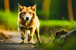 uma cachorro caminhando em uma caminho dentro a madeiras. gerado por IA foto
