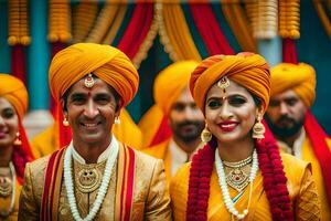 uma noiva e noivo dentro tradicional indiano traje. gerado por IA foto