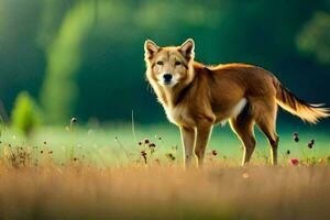 uma cachorro é em pé dentro a Relva dentro frente do uma floresta. gerado por IA foto