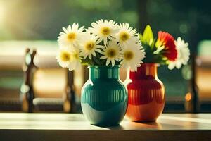 dois colorida vasos com margaridas em uma mesa. gerado por IA foto