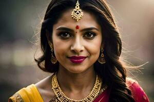 a indiano mulher vestindo uma vermelho sari e ouro joia. gerado por IA foto