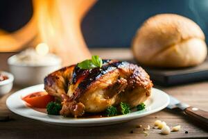 uma grelhado frango em uma prato com pão e legumes. gerado por IA foto