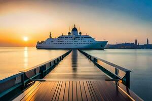 uma cruzeiro navio ancorado às a fim do uma cais às pôr do sol. gerado por IA foto