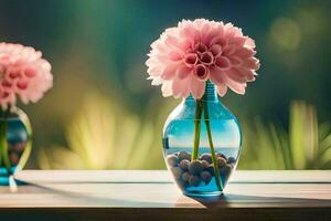 dois vasos com Rosa flores dentro eles em uma mesa. gerado por IA foto