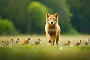 uma cachorro caminhando através uma campo com pássaros. gerado por IA foto