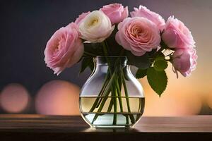 Rosa rosas dentro uma vaso em uma mesa. gerado por IA foto