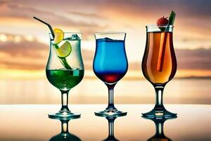 três diferente colori bebidas dentro óculos em uma mesa. gerado por IA foto