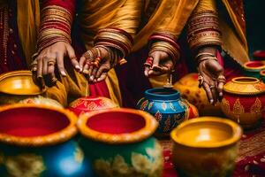 mulheres dentro sáris segurando colorida potes. gerado por IA foto