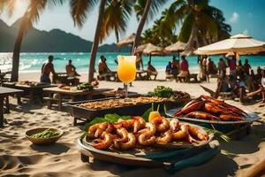 uma bufê do Comida em a de praia com pessoas e bebidas. gerado por IA foto