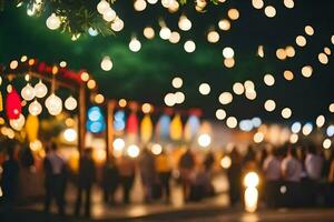 pessoas estão caminhando dentro a rua às noite com luzes. gerado por IA foto