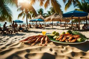 uma prato do camarão e de outros Comida em a de praia. gerado por IA foto