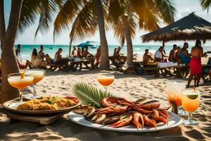 uma mesa com frutos do mar e bebidas em a de praia. gerado por IA foto