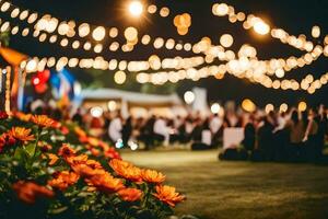 uma jardim com luzes e flores às noite. gerado por IA foto