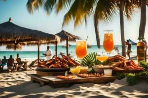 uma bandeja do Comida em a de praia com bebidas. gerado por IA foto