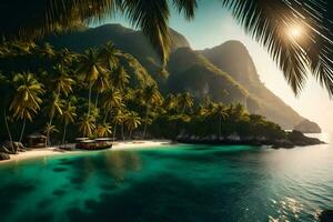 uma tropical ilha com Palma árvores e uma de praia. gerado por IA foto