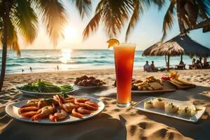 uma refeição em a de praia com bebidas e Comida. gerado por IA foto