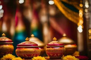 indiano Casamento decoração com colorida panelas e flores gerado por IA foto