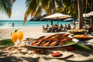 uma de praia com Comida e bebidas em isto. gerado por IA foto