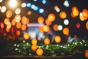 laranja luzes estão dentro a primeiro plano do uma Sombrio noite. gerado por IA foto