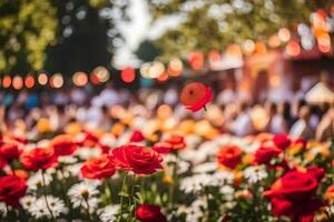 vermelho flores dentro uma campo com pessoas dentro a fundo. gerado por IA foto