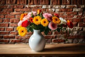 uma vaso com colorida flores em uma mesa. gerado por IA foto