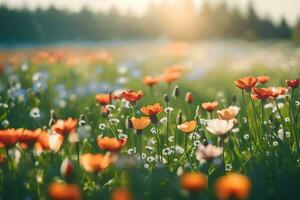 flores dentro uma campo com a Sol brilhando. gerado por IA foto