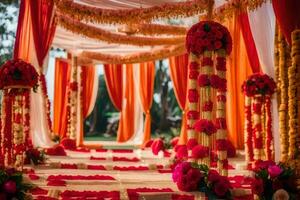a indiano Casamento cerimônia com vermelho e laranja decorações. gerado por IA foto