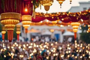 uma multidão do pessoas às uma Casamento com velas. gerado por IA foto