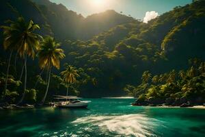 uma barco é Navegando através a oceano perto uma tropical ilha. gerado por IA foto