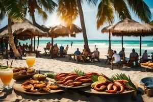 uma mesa com camarão, lagosta e bebidas em a de praia. gerado por IA foto