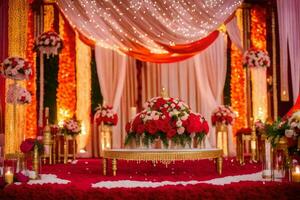 uma Casamento cerimônia com vermelho e branco decorações. gerado por IA foto