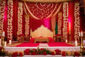 a indiano Casamento cerimônia com vermelho e ouro decorações. gerado por IA foto