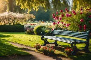 uma parque Banco dentro uma jardim com flores gerado por IA foto