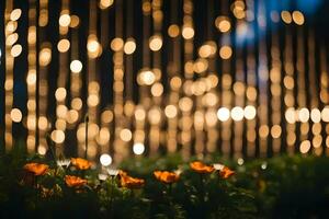 uma campo do flores com luzes atrás eles. gerado por IA foto