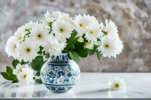 branco flores dentro uma azul e branco vaso. gerado por IA foto