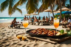 uma bandeja do camarão e bebidas em a de praia. gerado por IA foto