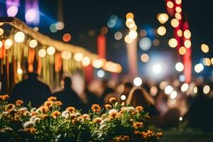 pessoas estão em pé dentro frente do uma flor jardim às noite. gerado por IA foto