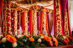 a indiano Casamento cerimônia com vermelho e laranja flores gerado por IA foto
