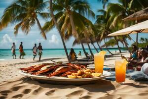 uma prato do frutos do mar em uma de praia com bebidas. gerado por IA foto