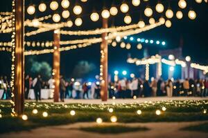 uma Casamento recepção com luzes e pessoas. gerado por IA foto