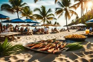 de praia com Comida e bebidas em a areia. gerado por IA foto