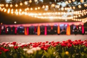 uma campo do flores e luzes dentro frente do uma barraca. gerado por IA foto