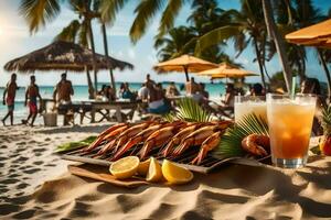 uma grade com camarão e bebidas em a de praia. gerado por IA foto